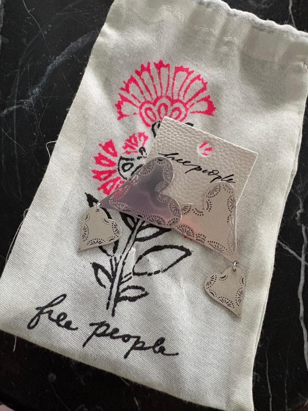 Free People Heart Drop Earrings | Boho Etched Metal | NWT + Pouch